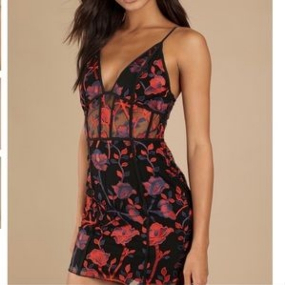 Tobi Dresses & Skirts - Tobi Rose Black Multi Embroidered Bodycon Dress, Size Medium